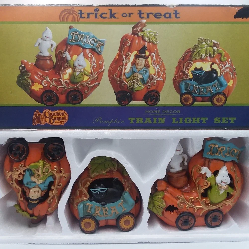 Cracker Barrel Pumpkin Train Set Halloween‎ Decor Witch Ghost Cat